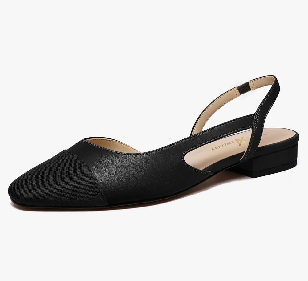 Black Athlefit Slingback Flats Women Square Pointed Toe Low heel shoes Size 7